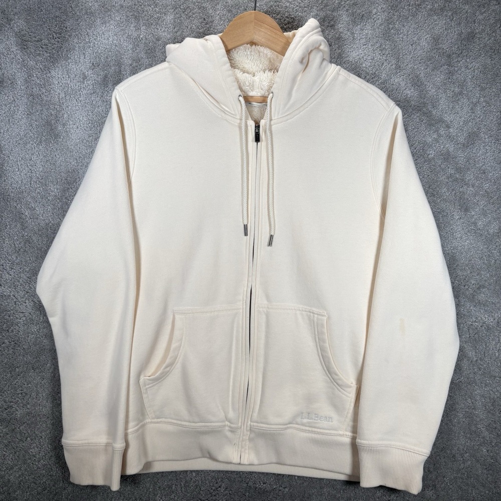 LL Bean Hoodie Jacket Womens XL Petite Full Zip Cream Sherpa Lined Heavy